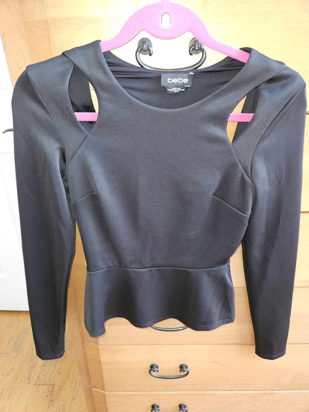 bebe Black Long-Sleeve Peplum Cutout Top